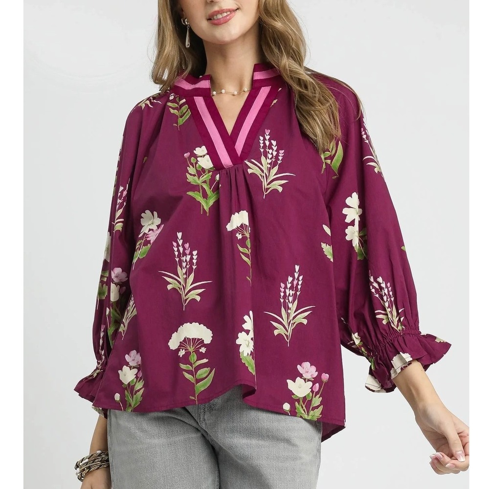 Umgee Plum Floral Print V-Neck Top Stripe Trim Womens XL Purple Fall